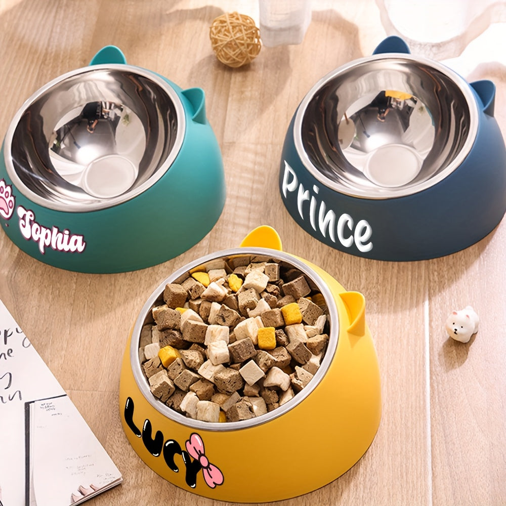 Bol incliné personnalisé en acier inoxydable pour chats et chiens, protège le cou, gravure possible, durable, accessoire repas idéal pour animaux.
