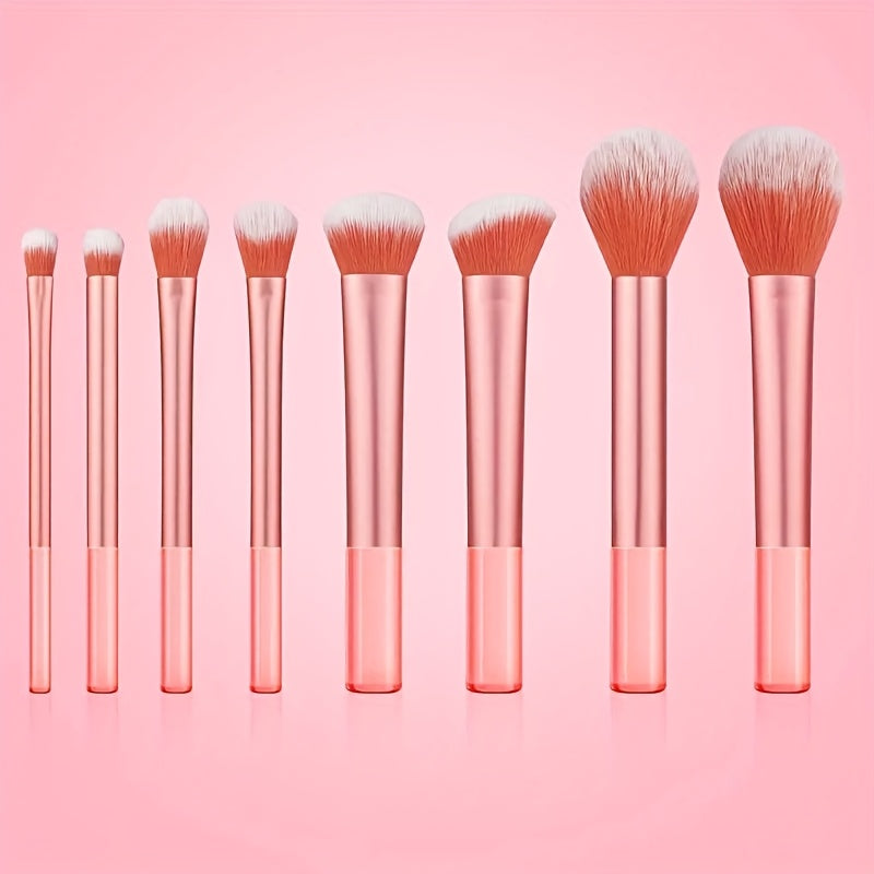 Set portable de 8 pinceaux maquillage, manches synthétiques légers et résistants, poils doux de qualité supérieure, couleurs variées.