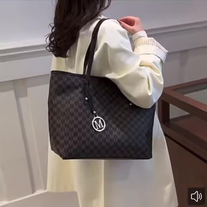 Large designer-inspired women's tote bag, geometric synthetic leather, removable gold chain shoulder strap, 'M' monogram, lightweight for office, school or shopping.