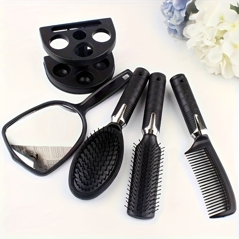 Ensemble coiffure professionnel 4 pièces, brosses noires sans parfum adaptées à tous types de cheveux, avec miroir et support pratique.