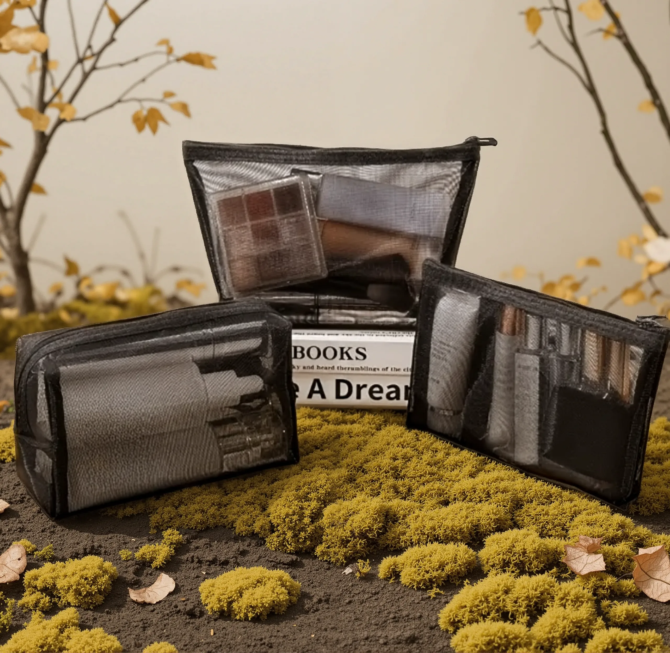 Set de 4 pochettes en filet avec poignées – grand, moyen, petit, multifonction : maquillage, monnaie, documents, voyage ou maison.