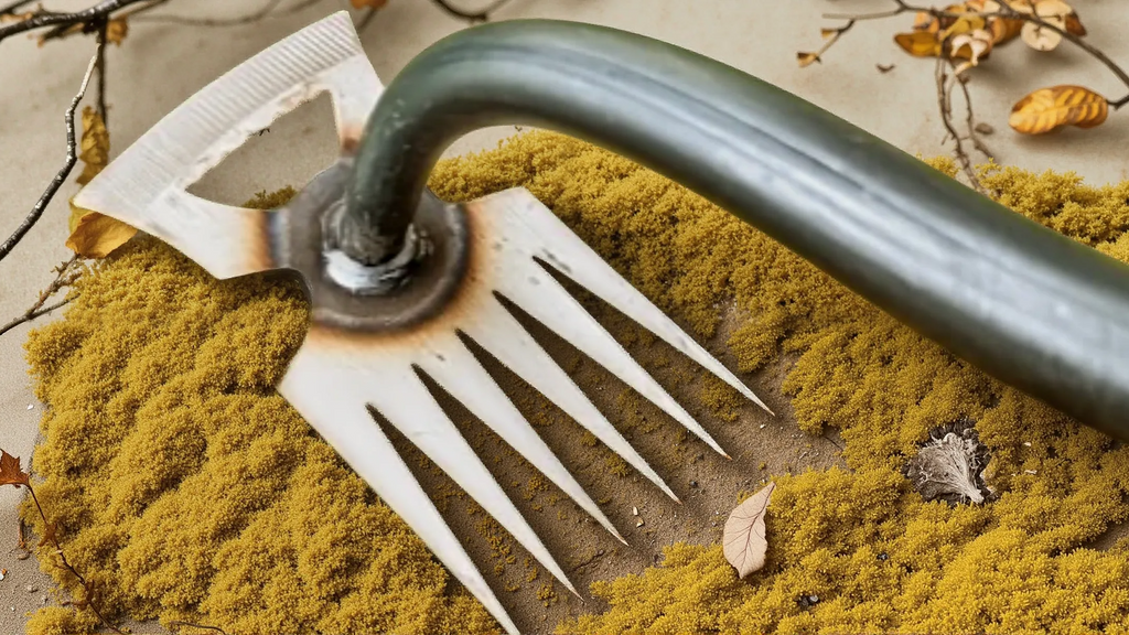 Outil de désherbage et de culture en fer, 4 dents ergonomiques, économe en effort, entretien gazon et jardin sans se pencher, poignée confortable.