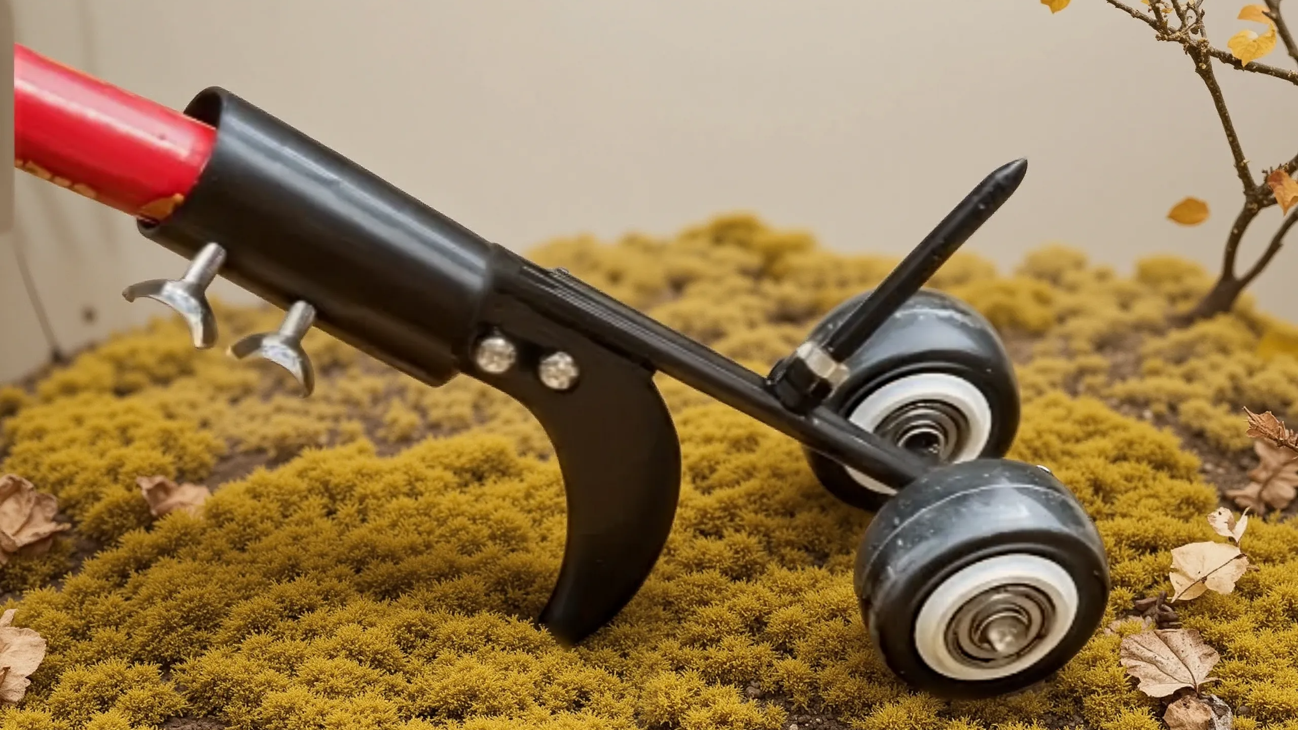 Rouleau désherbeur métallique robuste avec manche ajustable et roue rotative, idéal pour fissures, escaliers et entretien précis des pelouses.