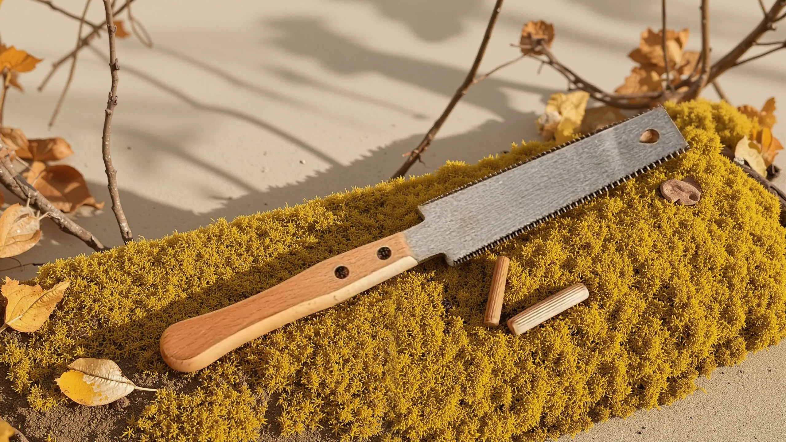 Scie japonaise à lame flexible offrant des coupes précises et nettes, poignée ergonomique en bois, usage manuel sans électricité.