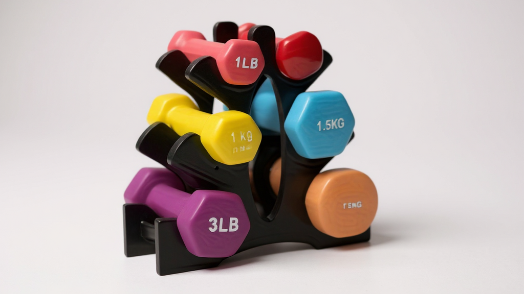 Râtelier triple pour haltères en ABS robuste, compact et stable, capacité 6 haltères par côté, parfait pour gym à domicile ou professionnel.