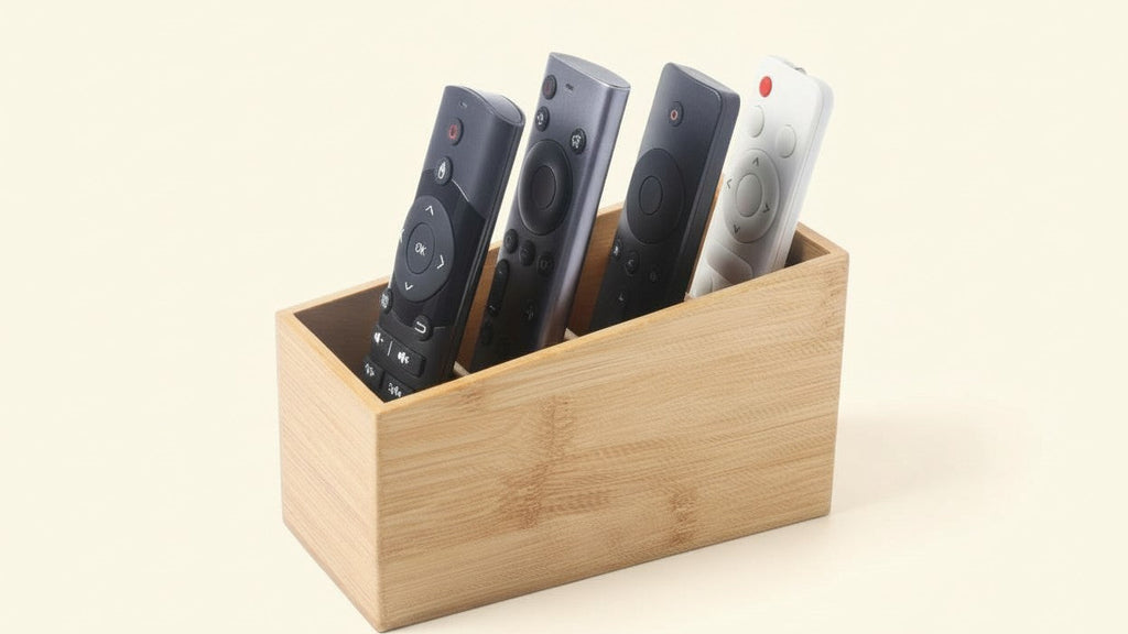 Four-compartment wooden box, perfect for organizing remote controls, makeup brushes and pens in the living room, bedroom or office.