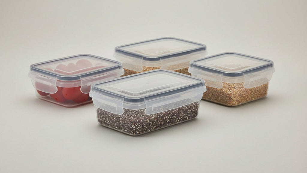 Lot de 8 contenants alimentaires transparents FOWA, couvercles à bascule, hermétiques, micro-ondes/congélateur, pour épicerie, fruits, légumes et pâtes.