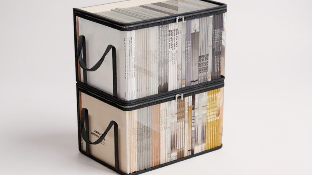 Lot de 3 boîtes de rangement transparentes avec couvercle rabattable, grandes et rectangulaires, empilables, pour livres, vêtements ou bureau, plastique durable.