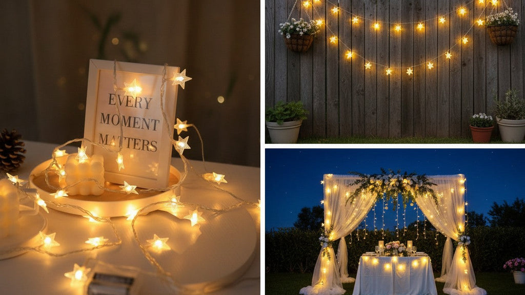 Guirlande lumineuse LED étoiles 10 à 80 LED, alimentée par piles, idéale pour décoration intérieure et extérieure, mariages, fêtes, Noël, jardin ou événements spéciaux.