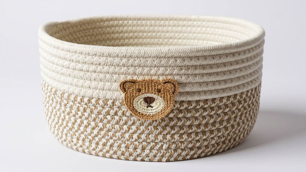 Panier de rangement artisanal tissé style cartoon, idéal pour jouets, accessoires animaux, bureau, clés, cosmétiques ou bijoux.