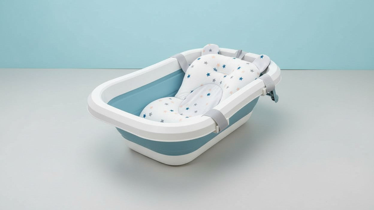 PanLynner baby bath seat, non-slip net 0-3 years, soft polyester cushion with safety strap for infants and toddlers.