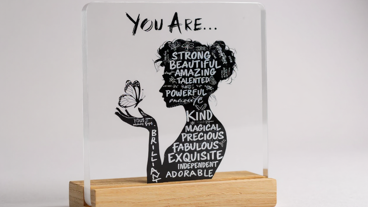 2D acrylic desk decoration with positive affirmations "You Are Powerful, Beautiful, Amazing", elegant design, ideal for home, office or cafe, perfect gift.