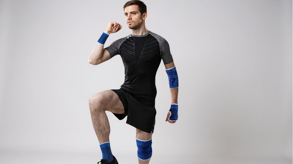 Ensemble multisaison 8 ou 10 pièces, protections genoux, coudes, poignets, paumes et chevilles pour entraînements football et basketball.