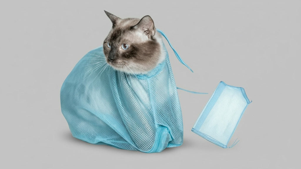 Sac de toilettage WhiskerWonders pour chat, polyester ajustable, maille respirante, non électrique, assure bain sécurisé et confortable.