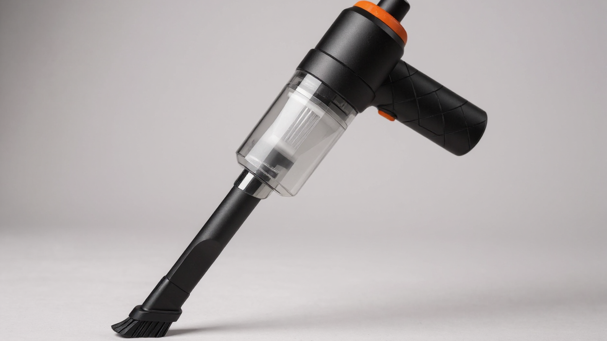 Aspirateur de voiture sans fil mini, compact et léger, forte aspiration pour poils d’animaux et débris, charge USB, corps plastique avec filtre en mousse.