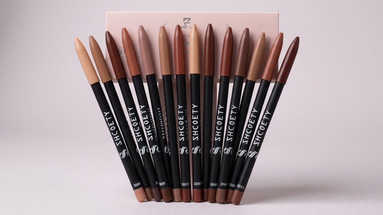 Set de 12 crayons à lèvres en bois mat, pointe 2 mm, parfaits pour un maquillage quotidien ou créatif.