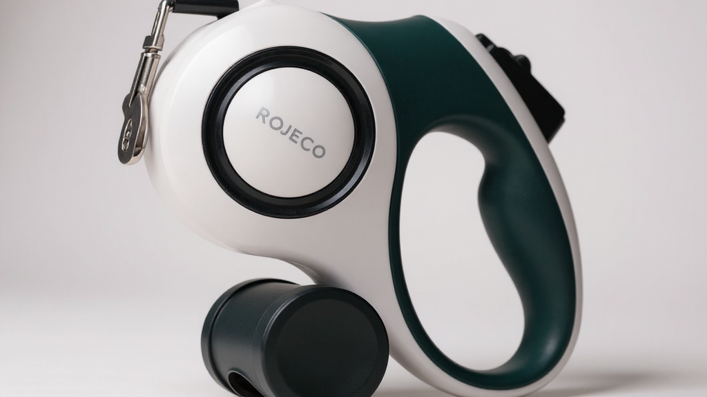 Laisse automatique rétractable ROJECO, 5 m en nylon durable, design géométrique bleu et blanc, idéale pour promenade et contrôle chiens petites à grandes tailles.