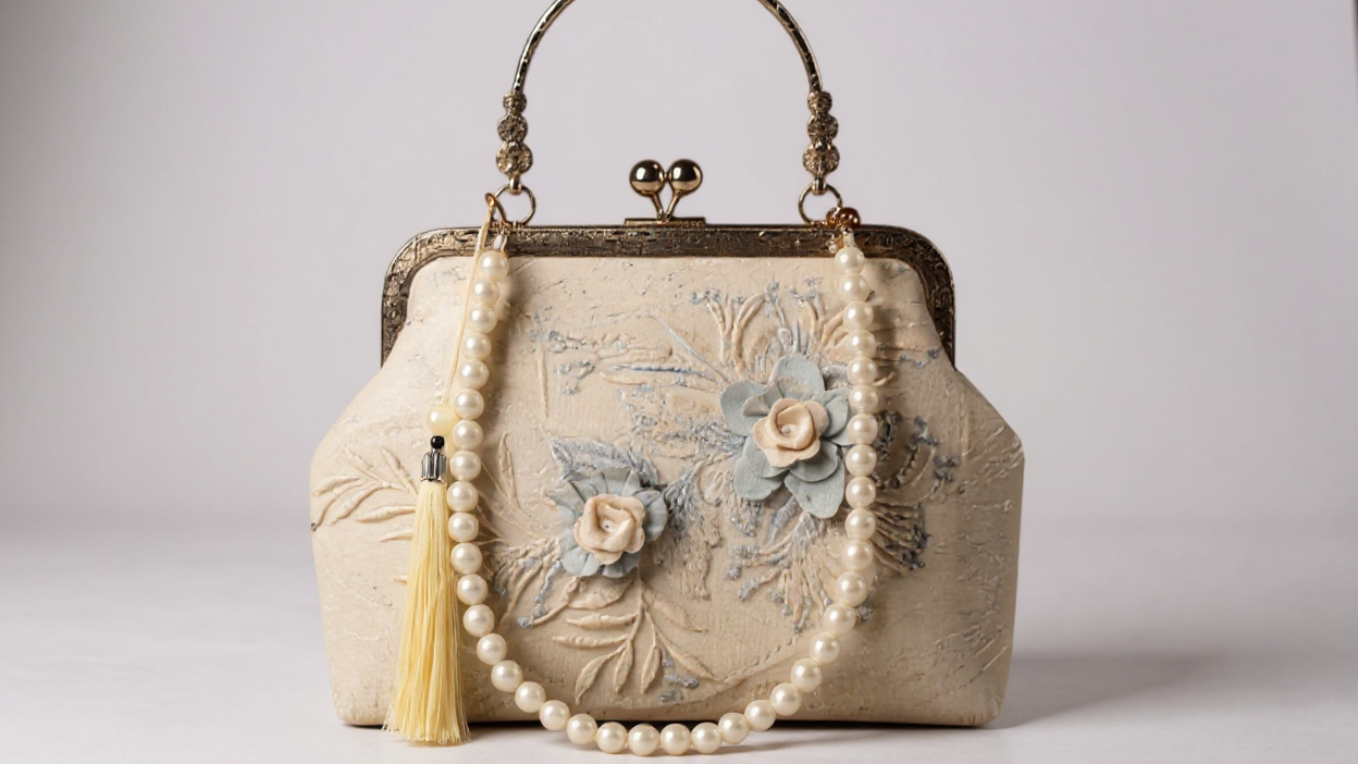 Pochette de soirée en dentelle florale élégante, bandoulière amovible, tissu vintage avec perles et métal doré, broderie raffinée pour fêtes et banquets.