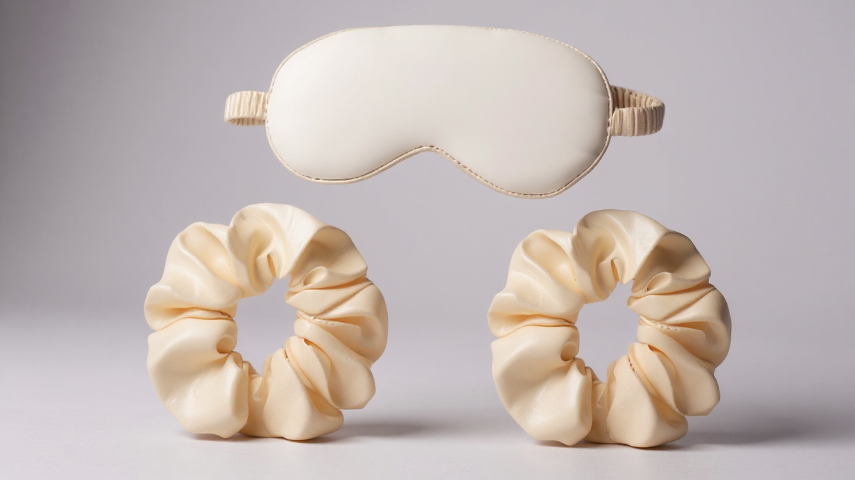 Lot de 6 accessoires capillaires femme : taies satin, bonnet de nuit détachable, masque yeux respirant, bandeau large avec nœud.