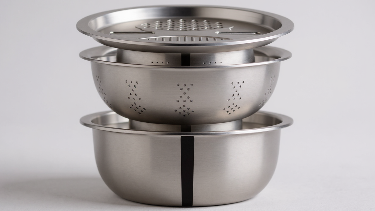 Lot de 3 ustensiles de cuisine en acier inoxydable avec moulin intégré, filtre polyvalent et bol mélangeur, pour couper, nettoyer fruits, légumes et fromage.