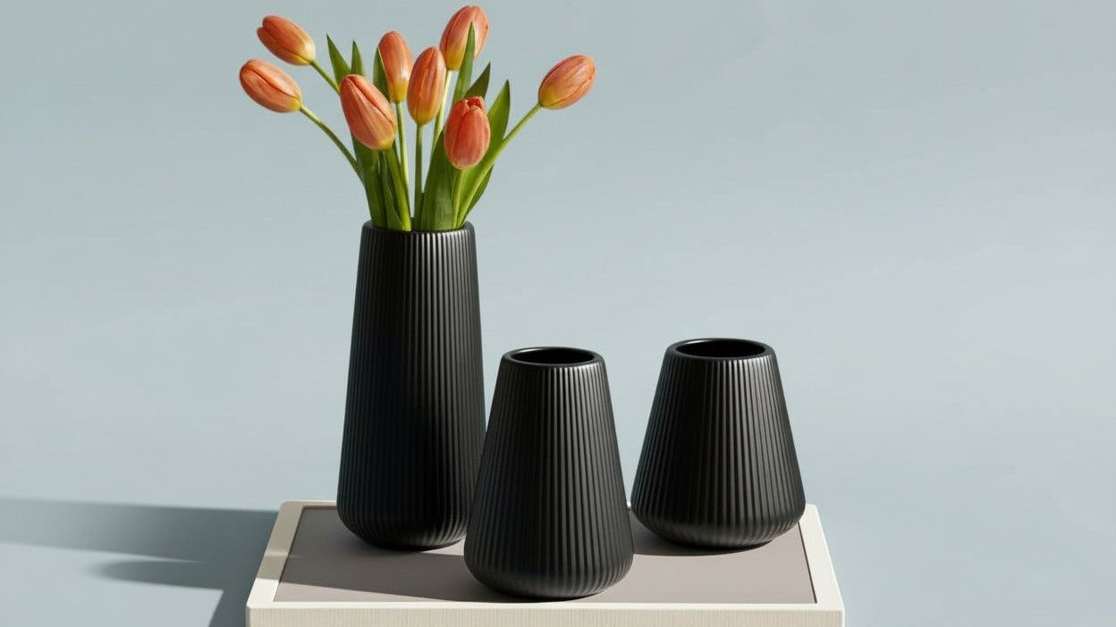 Lot de 3 vases scandinaves incassables Plastique texturé, tailles 24,9/20,1/13,9 cm, design minimaliste noir et blanc, parfait pour fleurs artificielles et décoration de table.