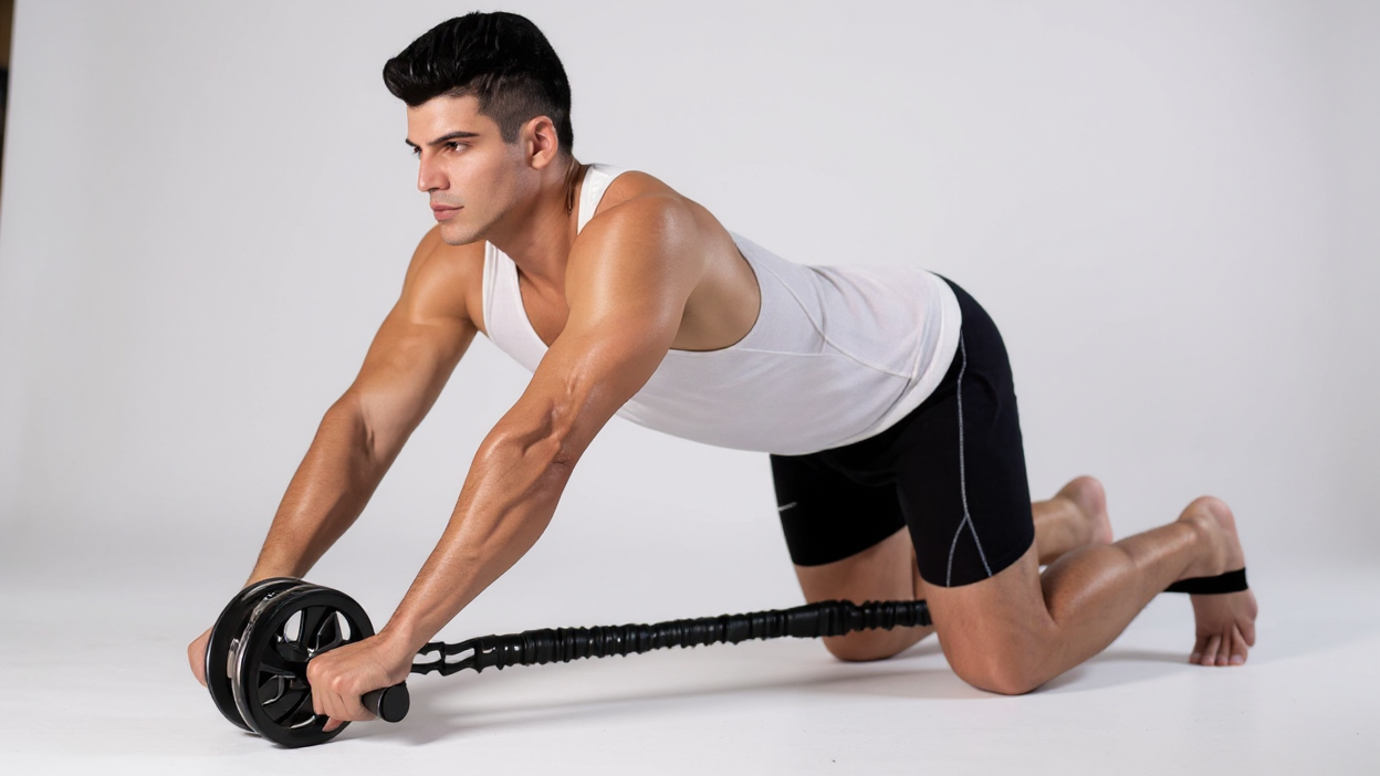 Roues abdominales noires avec bandes résistantes réglables, équipement pour renforcement du tronc, stabilité et tonification musculaire, débutants et avancés.
