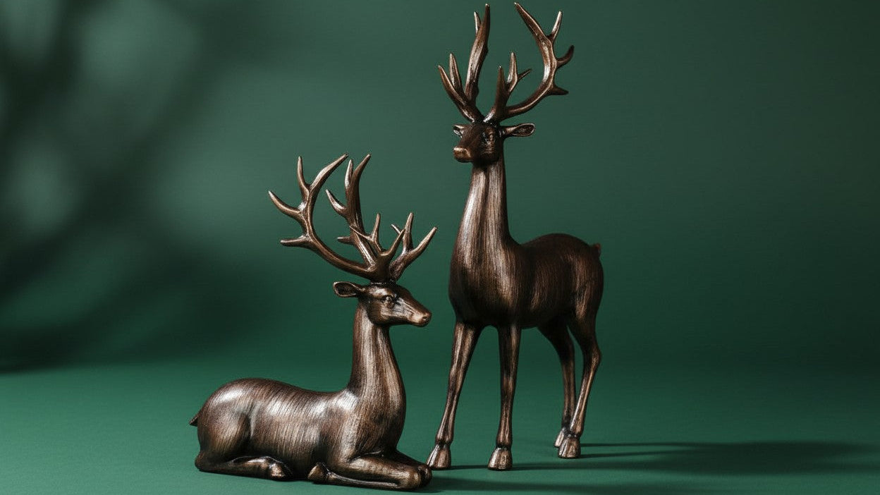 Lot de 2 statues d’élans en bronze Décorations de Noël ou fêtes, idéales pour salon, chambre, bureau ou entrée, sans électricité, cadeau parfait.