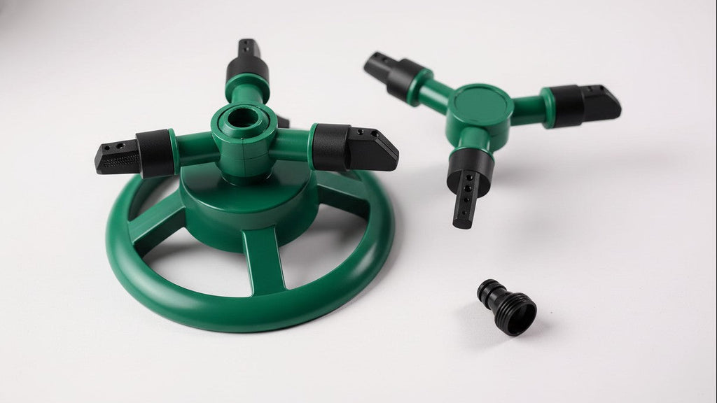 360° rotating sprinkler head, efficient garden irrigation, adjustable flow rate, complete lawn and plant coverage, green plastic design.