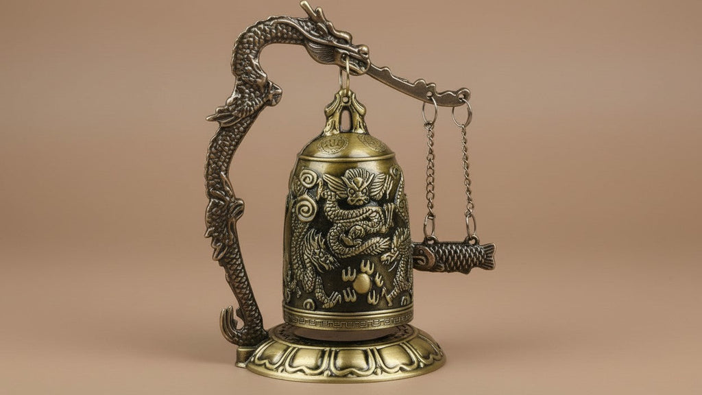 Cloche dragon en bronze artisanale, style chinois ancien, décoration Feng Shui pour maison, bureau ou chambre, porte-bonheur.