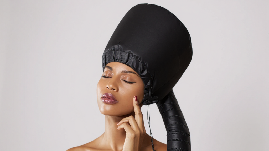 Soft hair dryer cap with headband, heat resistant, for deep conditioning and styling, without electricity, ideal for textured hair.