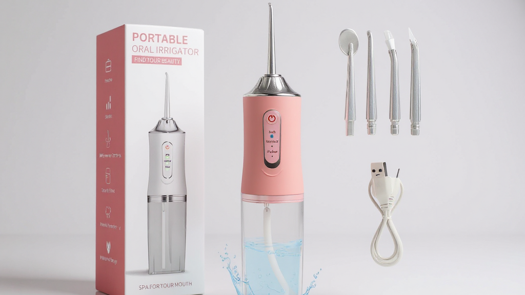 Système électrique de nettoyage dentaire à jet d’eau sans fil Jet puissant, buses rotatives 360°, batterie rechargeable USB, soin quotidien efficace des dents et gencives.