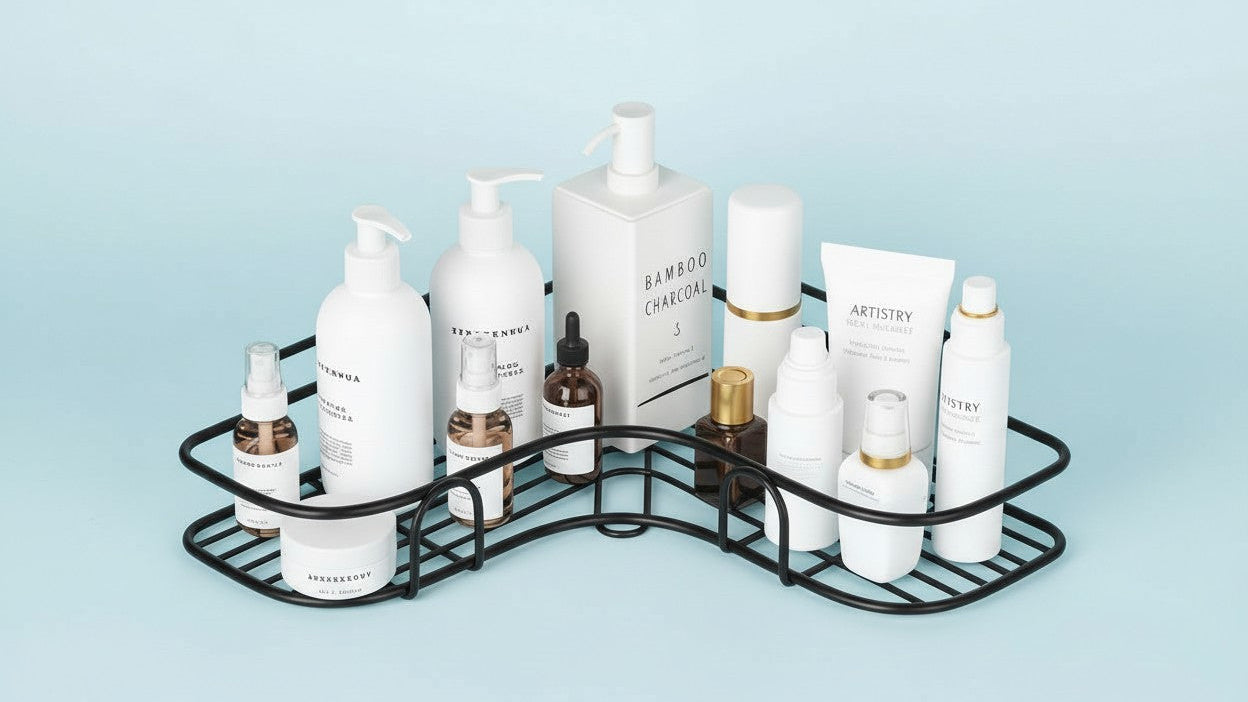 Corner shower shelf, wall-mounted and rustproof, ideal for storing shampoo, toner and cosmetics in the bathroom.