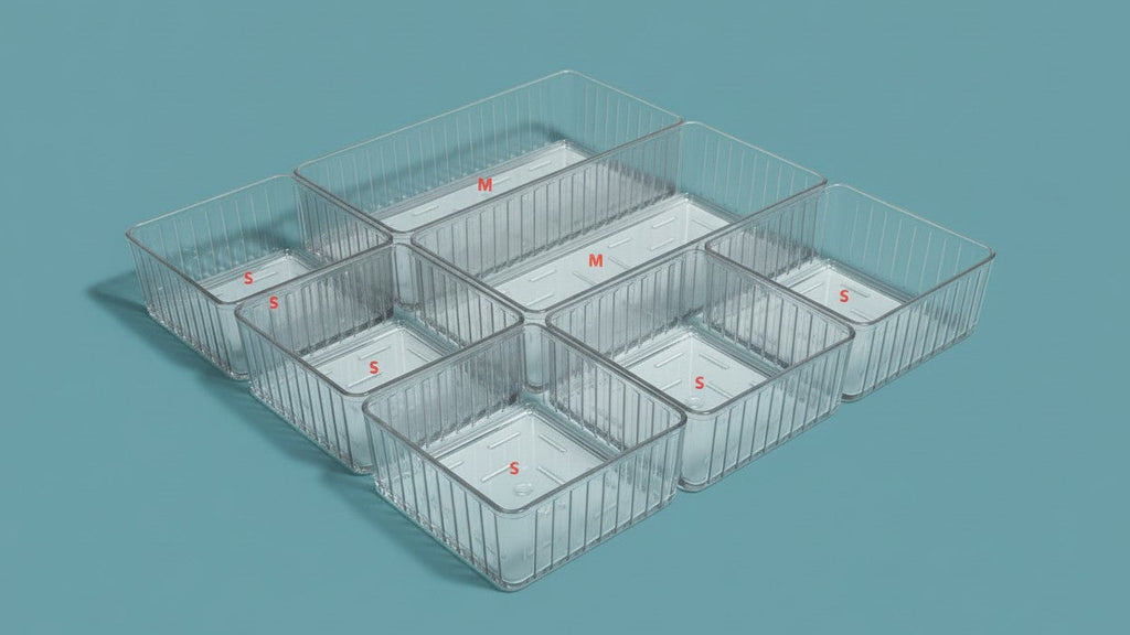 Lot de 4 et 7 boîtes de rangement en plastique transparent, 4 tailles, organisent cosmétiques, ustensiles, bureau ou accessoires de chambre et salle de bain.