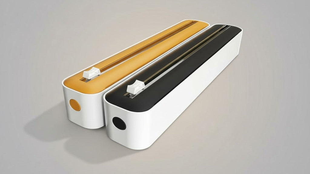 Reusable double-action dispenser and cutter for plastic film, aluminum, baking paper and wax, modern white/black design with orange accents.