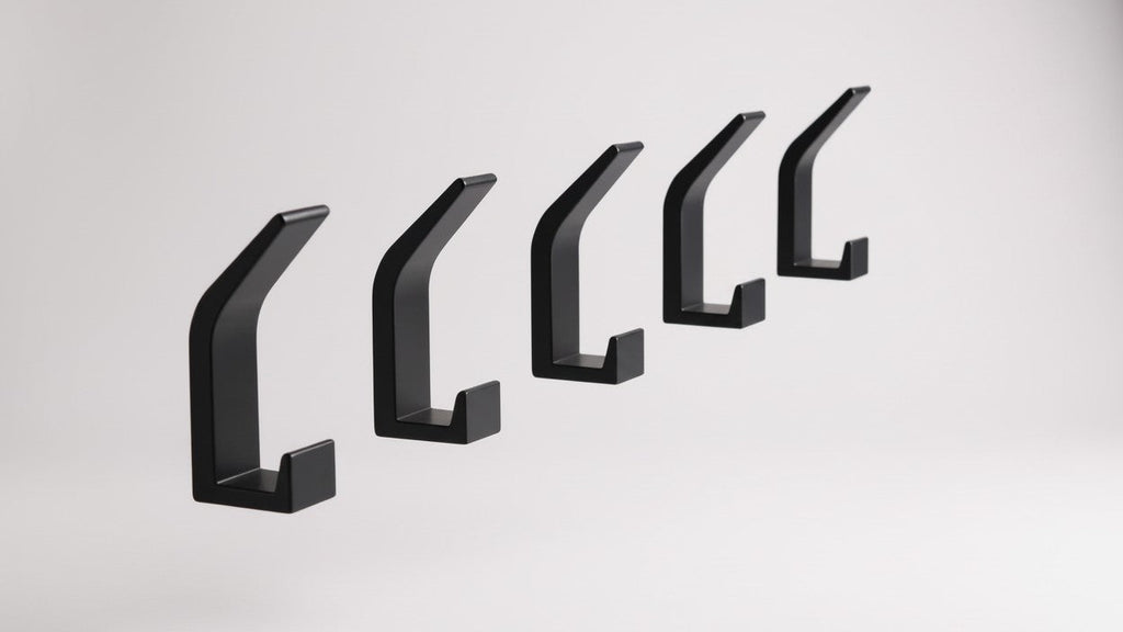 Lot de 5 crochets muraux modernes sans perçage, adhésifs, gain de place, en plastique noir, pour serviettes, manteaux et organisation maison.