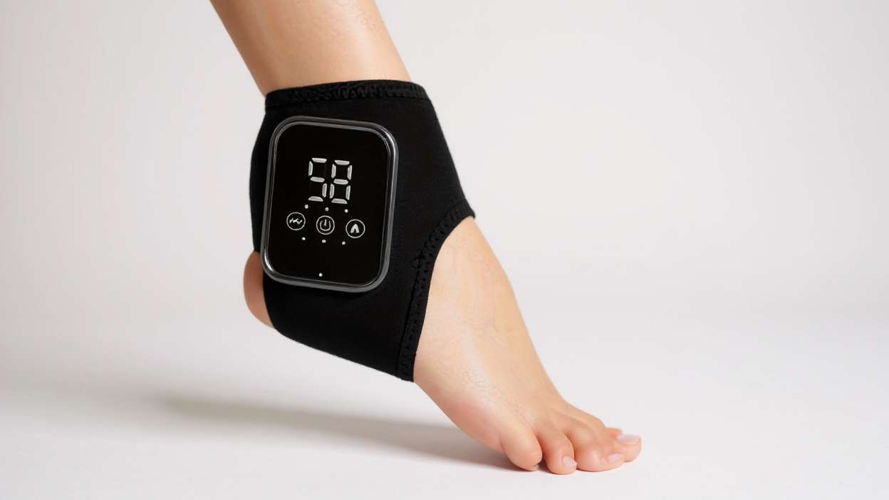 Massageur de cheville avec écran tactile LCD, vibration et chaleur, 3 niveaux, rechargeable USB, ergonomique, idéal domicile, cadeau seniors et amis.