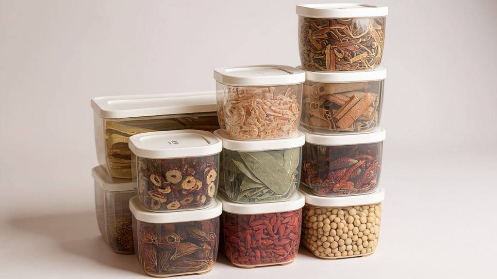 Set of 8 Stackable Spice Boxes: Food grade PP, airtight lids, removable jars, ideal for spices, herbs and condiments, cooking and camping.