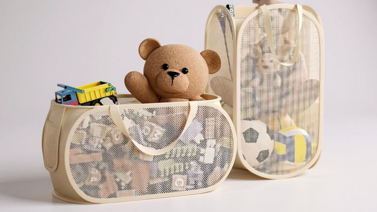 Panier de rangement jouets grande capacité, tissu transparent avec compartiments, organisation facile, idéal salon, chambre ou salle de jeux.