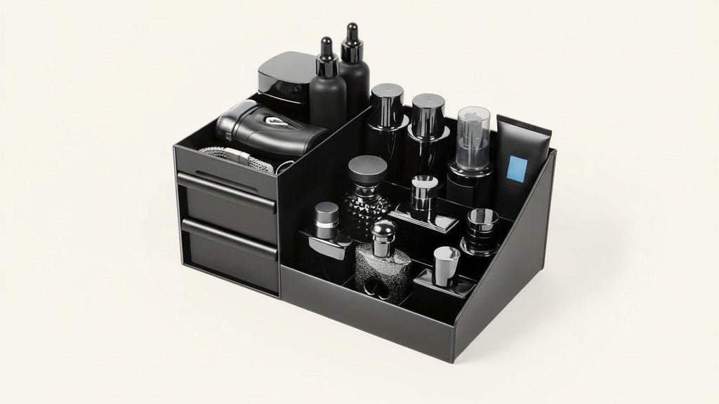 Organisateur de comptoir pour homme en plastique, compartiments multiples et étagères réglables, rangement moderne pour parfums, soins et articles de toilette, gain de place.