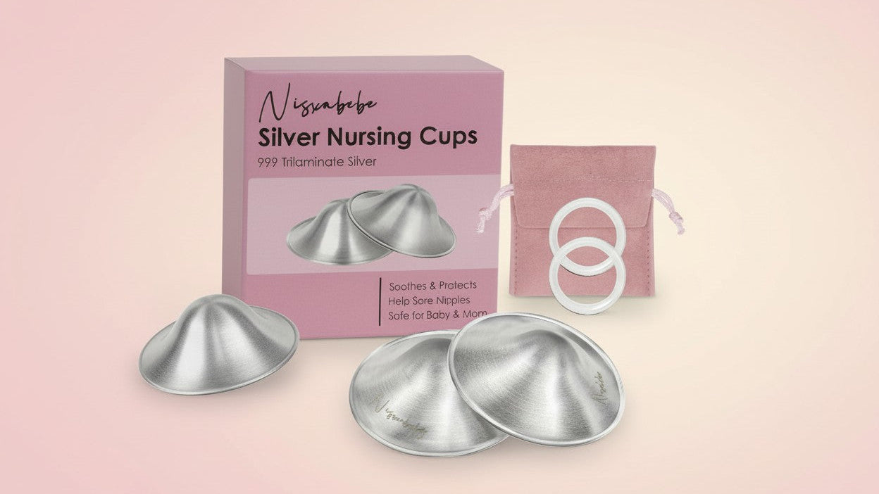 أكواب رضاعة فضية أصلية مع حلقتين واقيتين من السيليكون، وواقيات للحلمة، مقاس قياسي.