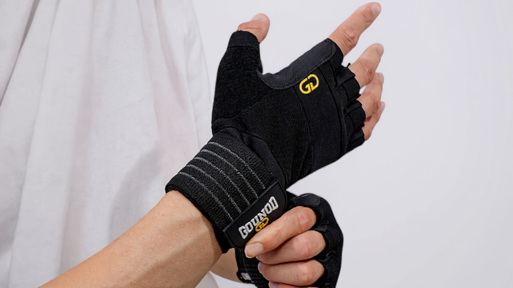 Paire de gants de musculation GOUNOD, design antidérapant avec renfort au pouce, fermeture ajustable, parfaits pour le fitness et le bodybuilding.