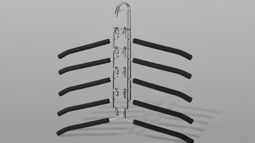 Set of 5 heavy-duty, multi-layer 5-in-1 metal hangers with foam padding, polished finish, optimizing space for coats, sweaters, suits, t-shirts.