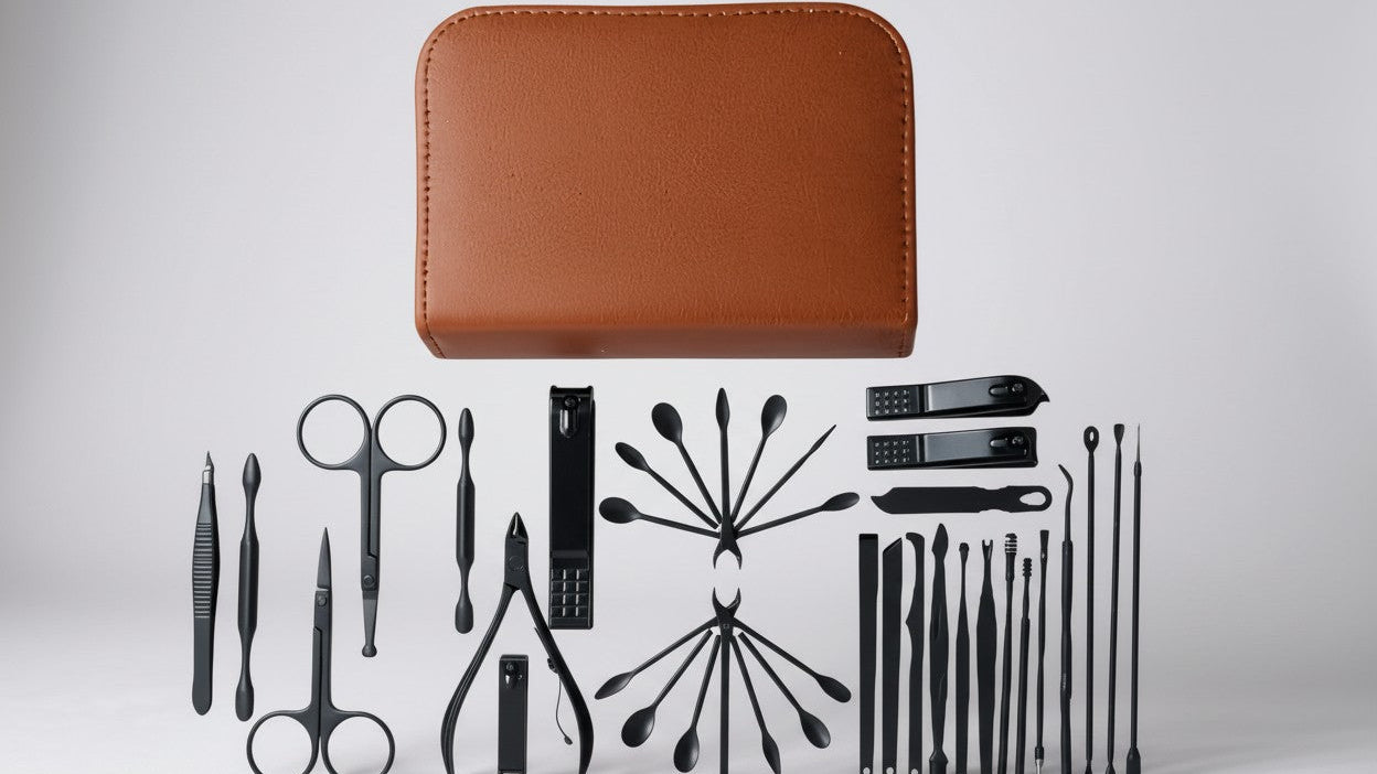 26-in-1 black steel manicure-pedicure set, complete folding tools with imitation leather case, for men's and women's nail care.