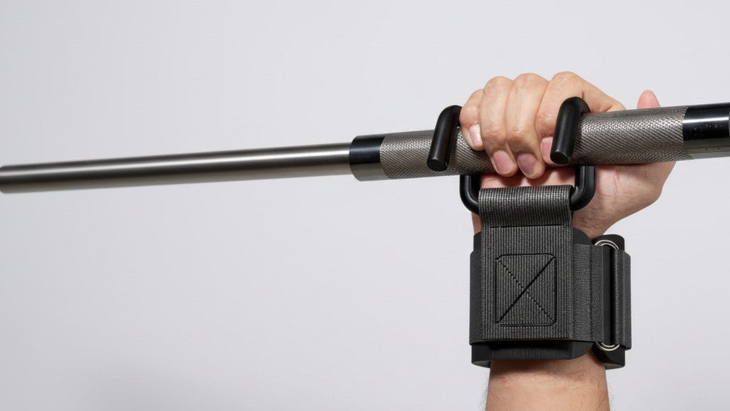 Set of 2 lifting hooks with adjustable wrist support bands, ideal for deadlifts, pull-ups and dumbbells, assistance for all levels.