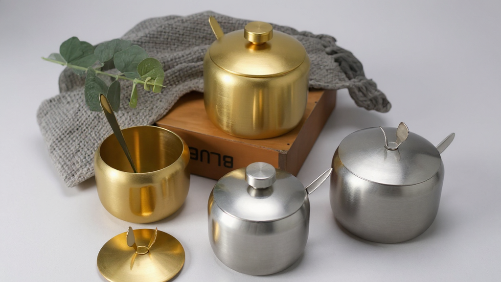 Lot 3 pcs : pot, couvercle et cuillère, acier inoxydable, multi‑usage pour sel, sucre, épices, installation sans perçage, réutilisable.