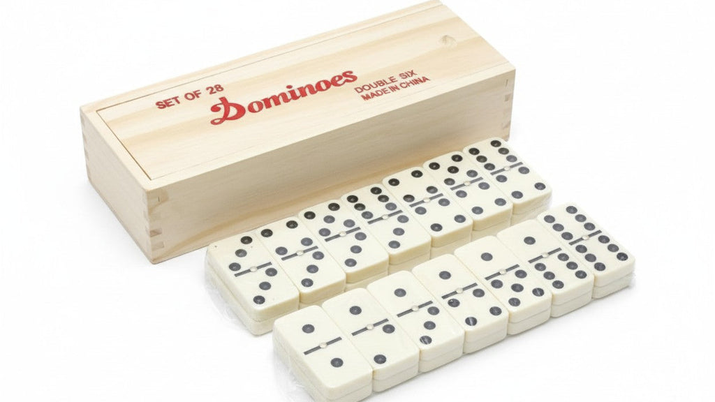 لعبة دومينو للكبار، كلاسيكية مزدوجة 6، 28 قطعة، صندوق خشبي، من 2 إلى 4 لاعبين، هدية مثالية لعيد الميلاد أو الهالوين.