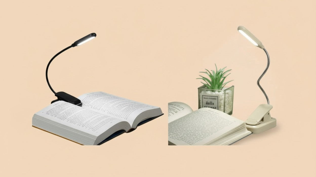 Lampe de bureau LED avec pince Bras ajustable, fonctionnement sur piles, bouton-poussoir, design ergonomique et moderne, idéale pour lecture, chevet ou espace de travail.