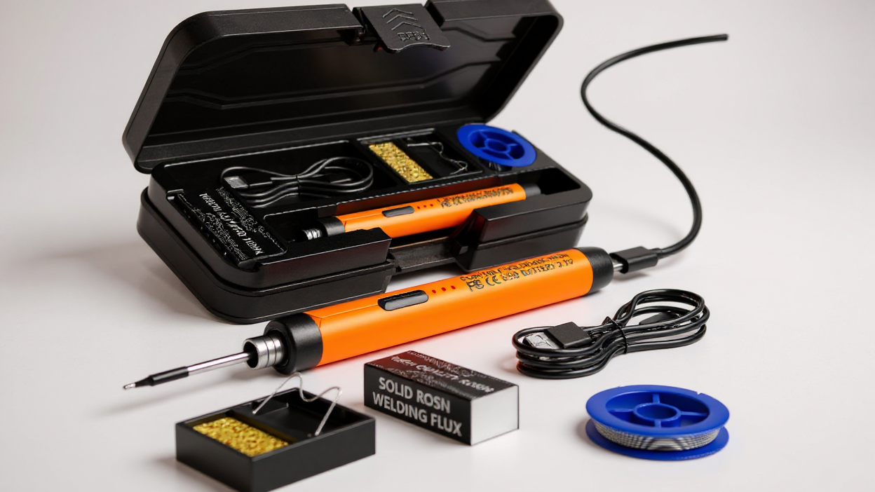 Wireless USB soldering iron with 3 heat settings, stand, flux and carrying case, compact and lightweight, ideal for DIY and home workshop.