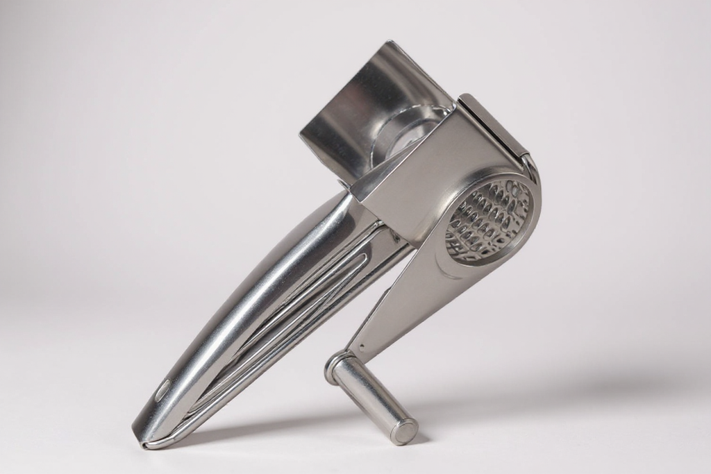 Râpe à fromage manuelle en acier inoxydable premium, lames interchangeables, métal durable, pour préparation facile de fromage, idéale maison et restaurant.