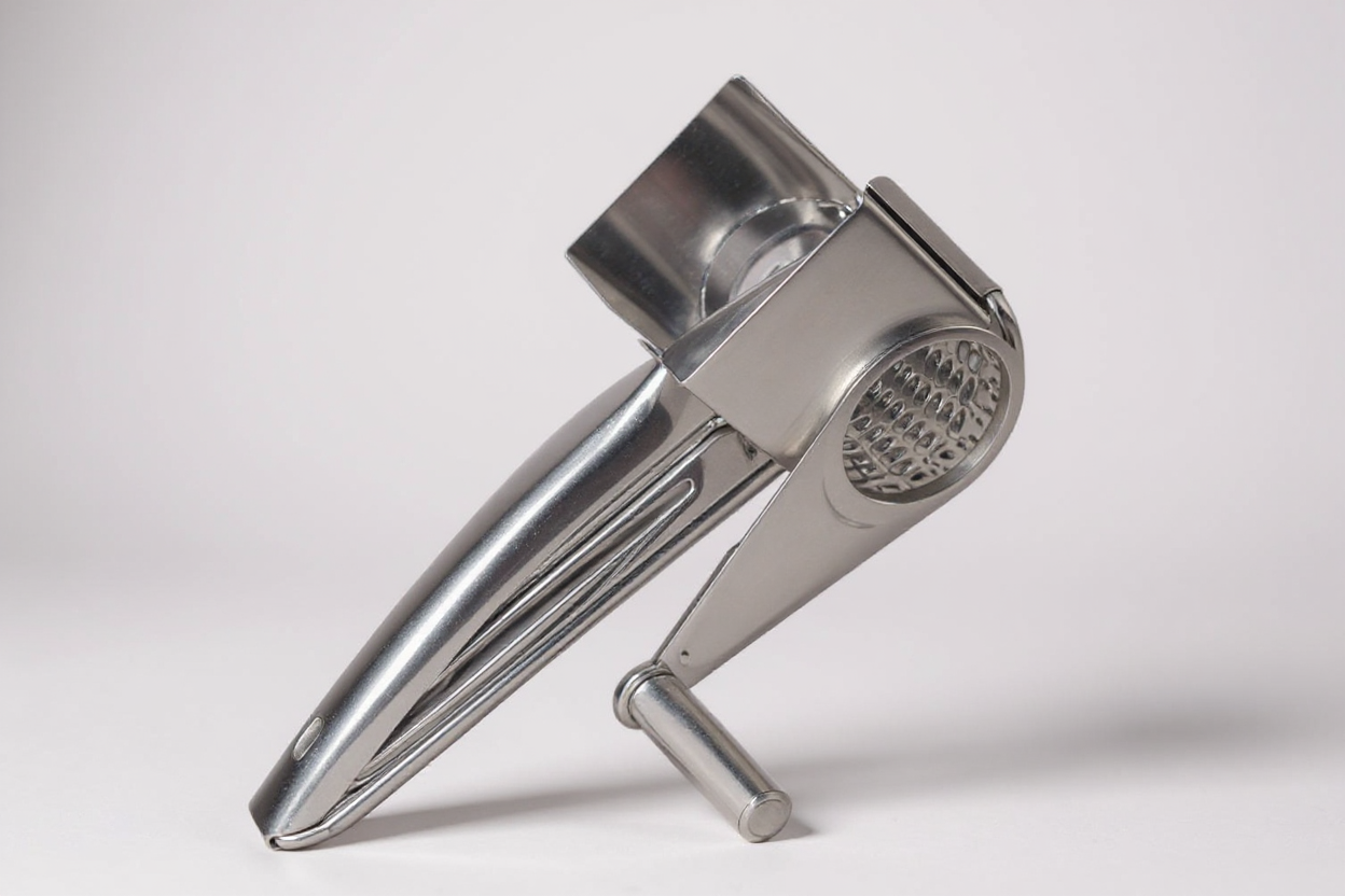 Râpe à fromage manuelle en acier inoxydable premium, lames interchangeables, métal durable, pour préparation facile de fromage, idéale maison et restaurant.